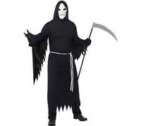 Smiffy's Disfraz de la parca, negro con bata con capucha, máscara y cinturón, disfraz de Halloween para adultos, disfraces de adultos