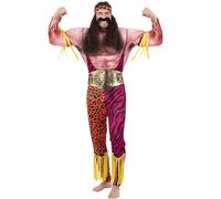 Smiffys Disfraz de luchador masculino de lujo todo en uno con pecho muscular y diadema, disfraz de los años 90, disfraces de los años 90