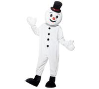 Smiffys Disfraz de mascota de muñeco de nieve, Blanco, con cabeza grande, traje entero, gorro y fundas para botas