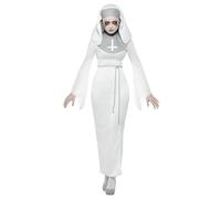Smiffys Disfraz de monja manicomio embrujado, Blanco, con vestido, cinturón & tocado