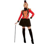 Smiffys Disfraz de mujer de lujo Ringmaster, rojo con chaqueta, camisa falsa, falda y diadema, disfraz de circo para adultos