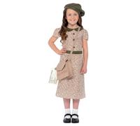 Smiffys Disfraz de niña evacuada, Estampado, con vestido, cartera, etiqueta de identificación y boina Halloween, Carnaval