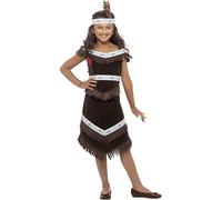 Smiffys Disfraz de niña inspirado por las americanas nativas, marrón, vestido con flecos y cinta para la cabeza con plumas Halloween, Carnaval