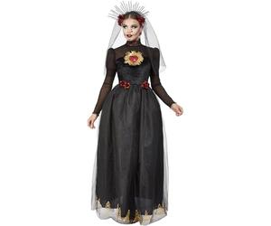 Smiffys Disfraz de novia de corazón sagrado del Día de Muertos, Negro, Vestido y diadema velada Halloween, Carnaval