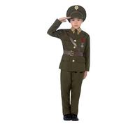 Smiffys Disfraz de oficial del ejército, verde con chaqueta, cinturón, pantalones, sombrero, camisa simulada y corbata, disfraz para niños, disfraces de los años 40