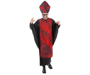 Smiffys Disfraz de pecado cardenal para hombre con sombrero de túnica roja y máscara de calavera, disfraz de Halloween de sacerdote siniestro, disfraz de terror, talla L - XL