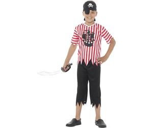 Smiffys Disfraz de pirata gracioso para chico, rojo y blanco, con camiseta, pantalones, pañuelo para la cabeza y parche para el ojo Halloween, Carnaval