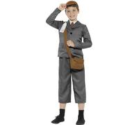 Smiffys Disfraz de refugiado de la 2.ª Guerra Mundial para chico, gris, con chaqueta, pantalones, camisa figurada, bolsa, sombrero y etiqueta para el nombre Halloween, Carnaval