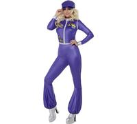 Smiffys Disfraz de reina de la pista años 70, Morado, Disfraz de una sola pieza con sombrero