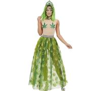 Smiffys Disfraz de reina del cannabis, Verde, Traje transparente, falda y tiara Halloween, Carnaval