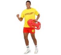 Smiffys Disfraz de salvavidas para hombre, disfraz con camiseta amarilla y pantalones cortos rojos, fiesta en la playa de los años 90 y temática de televisión