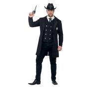 Smiffys Disfraz de sheriff con curvas, Negro, con chaqueta, chaleco, corbata y sombrero Halloween, Carnaval