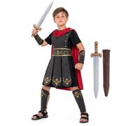 Smiffys Disfraz de soldado romano para niños, conjunto de espada y vaina de | Disfraz de soldado romano con túnica negra, capa roja, detalles dorados, puños de brazos y piernas, espada y vaina a juego.