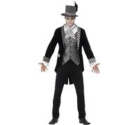 Smiffys Disfraz de sombrerero siniestro de lujo, Negro, con chaqueta, falsa camisa y sombrero de copa