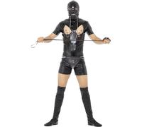 Smiffys Disfraz de sumiso, negro, con mono, capucha, cubrebotas, tanga, mordaza y pinzas para pezones