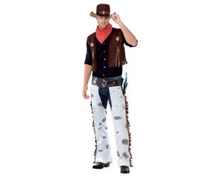 Smiffys Disfraz de vaquero, marrón, con chaleco, pantalones, pañoleta y sombrero Halloween, Carnaval
