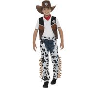 Smiffys Disfraz de vaquero tejano, marrón, con sombrero, corbata de cordón, chaleco, chapa y zahones