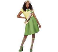 Smiffys Disfraz de vendedora de magdalenas, motivo de marihuana, Verde, Vestido, faja, sombrero y calcetines