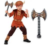 Smiffys Disfraz de vikingo para niños, conjunto de sombrero con cuernos y | Disfraz de guerrero vikingo con dobladillo dentado, pantalones, fundas para botas, sombrero suave con cuernos y accesorio de