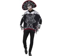 Smiffys Disfraz del día de muertos, Negro y blanco, con poncho, sombrero y guantes Halloween, Carnaval