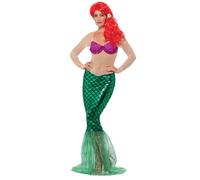 Smiffys Disfraz deluxe de sirena sexy, verde, con vestido largo de lentejuelas y pinza para el pelo Halloween, Carnaval