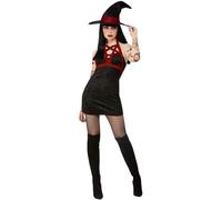Smiffys Disfraz Fever de bruja satánica, Negro, Vestido, gorro y arnés de hombro extraíble