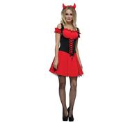 Smiffys Disfraz Fever de diablilla traviesa, rojo, con vestido, enagua adjunta y cuernos Halloween, Carnaval