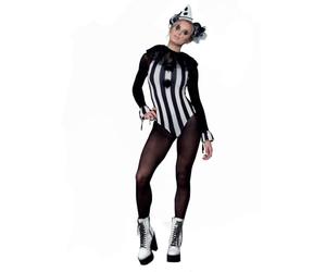 Smiffys Disfraz Fever de payaso Pierrot vintage, Leotardo, medias de cuerpo entero, cuello, puños y sombrero Halloween, Carnaval