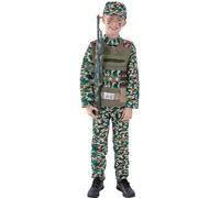 Smiffys Disfraz militar de camuflaje para niño, color verde con parte superior, pantalones y sombrero, disfraz para niños, disfraz del ejército