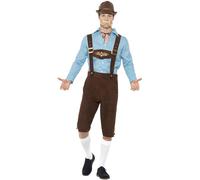 Smiffys Disfraz para el Beer Fest, Azul y marrón, con camisa y Lederhosen simulado de ante Halloween, Carnaval