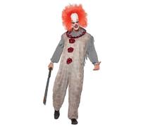 Smiffys Disfraz payaso vintage, Gris & Rojo, con mono & cuello con volante fruncido
