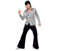Smiffys Disfraz retro de los 70, negro, con estampado psicodélico, camisa y pantalones de campana Halloween, Carnaval