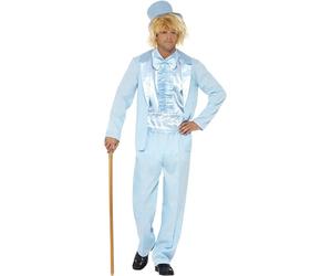 Smiffys Esmoquin divertido de los 90, color azul con chaqueta, pantalones, babero imitación camisa y sombrero Halloween, Carnaval