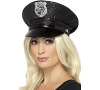 Smiffys Gorra de policía con lentejuelas, negro Halloween, Carnaval