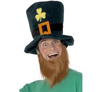 Smiffys Gorro de duende, verde, con tréboles, hebilla y barba pelirroja unida