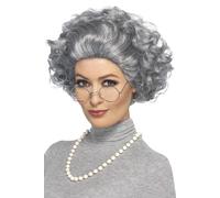 Smiffys Kit de abuelita, gris, con peluca, gafas y collar de perlas Halloween, Carnaval