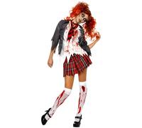 Smiffys Disfraz de colegiala zombi High School Horror, Gris, con blazer, blusa incorporada, corbata y falda