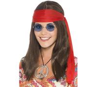 Smiffys Kit de chica hippy, con peluca larga marrón, gafas, medallón con símbolo de la paz y rojo banda para el pelo Halloween, Carnaval