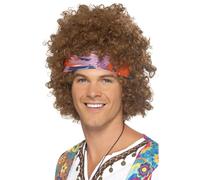 Smiffys Hippy Afro, marrón, con pañoleta para la cabeza y medallón signo de la paz Halloween