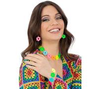 Smiffys Juego de 3 piezas de joyería con diseño de flores de neón para adultos, incluye aretes, collar y pulsera, ideal para fiestas temáticas de los años 60 y 70, festivales y disfraces hippie