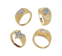 Smiffys Juego de 4 anillos de oro y diamantes de los años 90, accesorios para disfraz para adultos, anillos de oro sintético con detalles de piedras preciosas, ideal para disfraces de rapero hip hop y