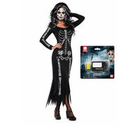 Smiffys Juego de pintura facial para disfraz de esqueleto para mujer | Conjunto de esqueleto para mujer con vestido estampado de huesos hasta el suelo y kit de pintura facial de calavera en blanco