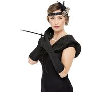 Smiffys Kit de accesorios de los años 20 de lujo, Negro y dorado, Guantes, porta cigarrillos, diadema y estola Halloween, Carnaval