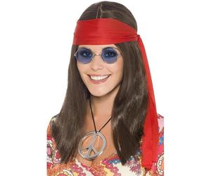 Smiffys Kit de chica hippy, con peluca larga marrón, gafas, medallón con símbolo de la paz y rojo banda para el pelo Halloween, Carnaval