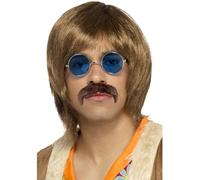 Smiffys Kit de complementos hippie años 60, castaño, con peluca, bigote y gafas hippies Halloween, Carnaval