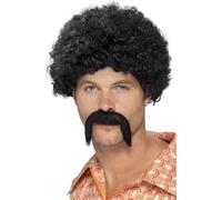 Smiffy's Kit Disco King de los 70, Negro, con afro apretado y bigote, Halloween Carnaval