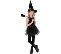 Smiffys Kit de disfraz de bruja para niñas, incluye sombrero de bruja negro, falda tutú de tul y mini escoba, ideal para fiestas de truco o trato y juegos de disfraces espeluznantes