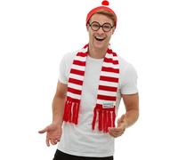 Smiffys Kit de ¿Dónde está Wally?, Rojo y blanco, con sombrero, bufanda de punto y gafas