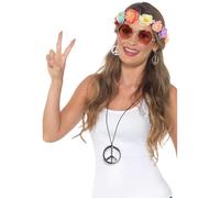 Smiffys Kit de Festival Hippie, Diadema de Flores, Gafas, Medallón y Pendientes