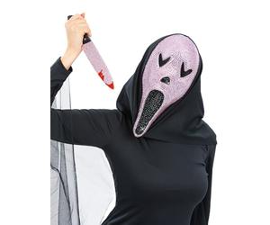 Smiffys Kit de gritador de joyas rosas, juego de máscara y cuchillo, disfraz de Halloween para mujer, kit de terror de joya rosa aterradora, disfraz para mujer, máscara y accesorios para fiestas de